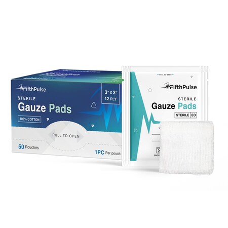 Fifthpulse Sterile Gauze Pads 3 in. x 3 in. Individually Packed Pouches, 100% Cotton, 50PK FMN100652